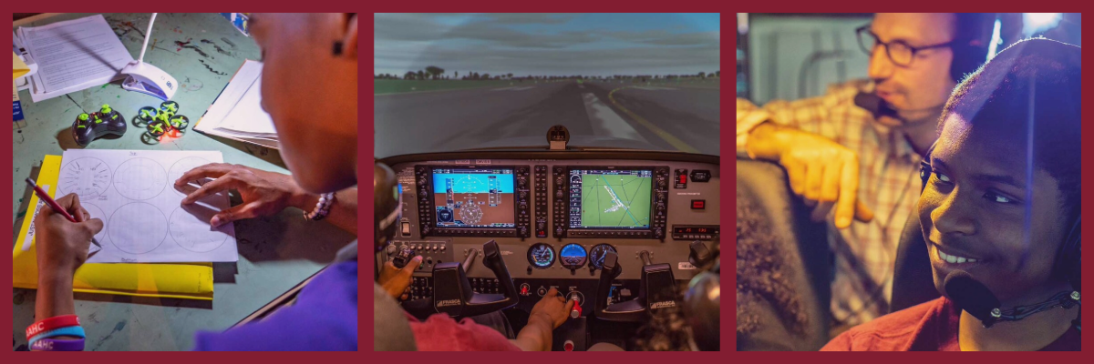 students designing, in a flight simulation, and wearing head flight gear
